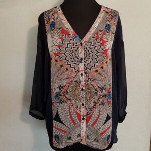 Buffalo Sheer Navy/Multicolor Geometric Blouse